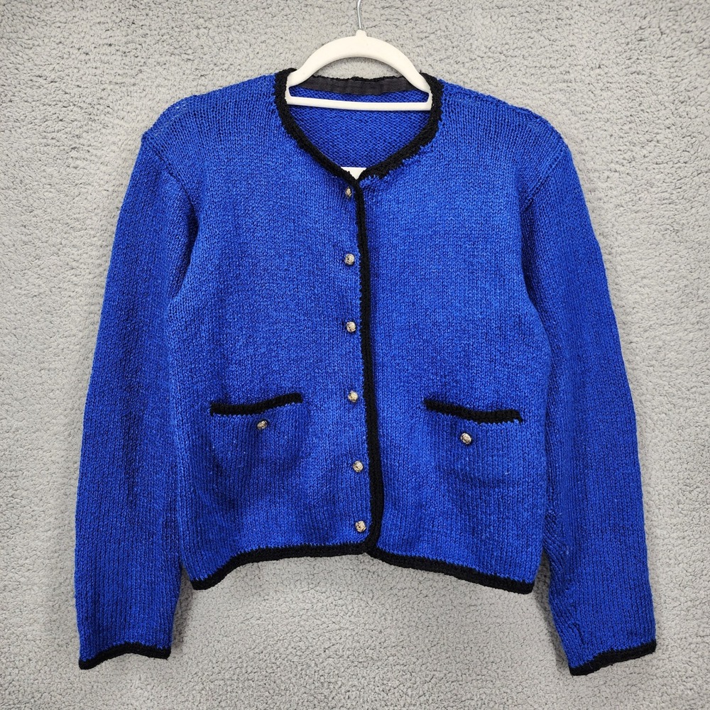 Vintage Royal Blue Knit Cardigan Black Trim Gold Crest Buttons Womens Medium